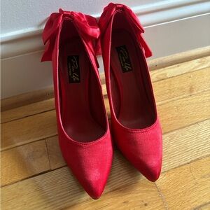 Red Satin Heels with Bows: Women’s 6.5